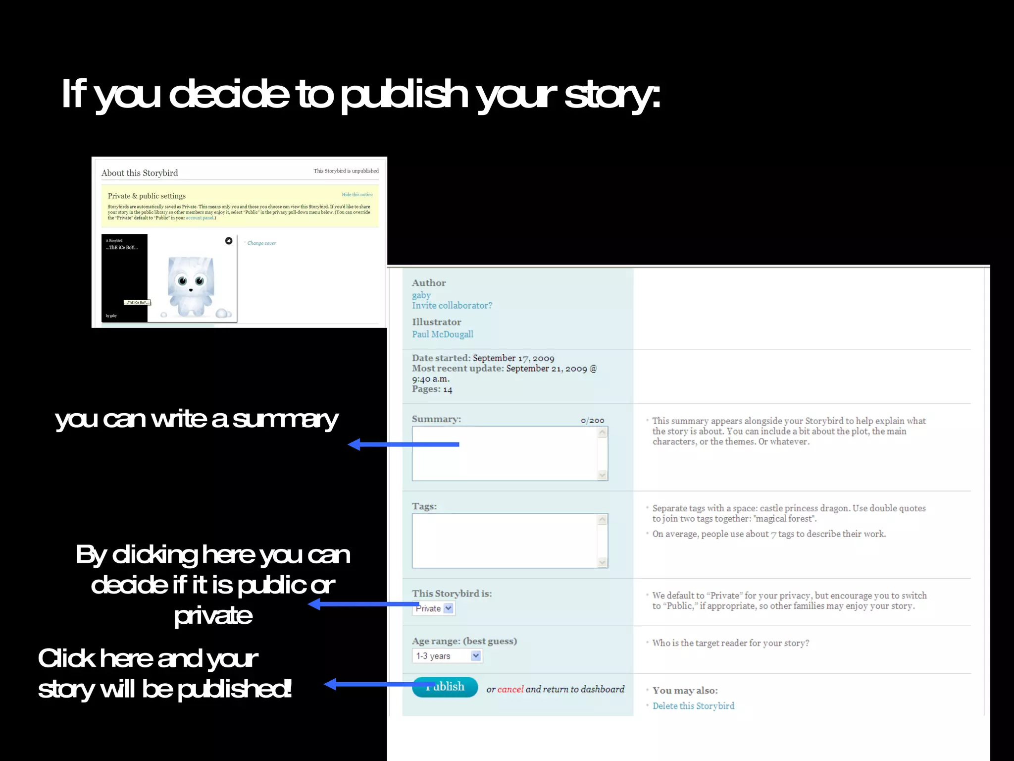 If you decide to publish your story: you can write a summary Click here and your story will be published! By clicking here you can decide if it is public or private