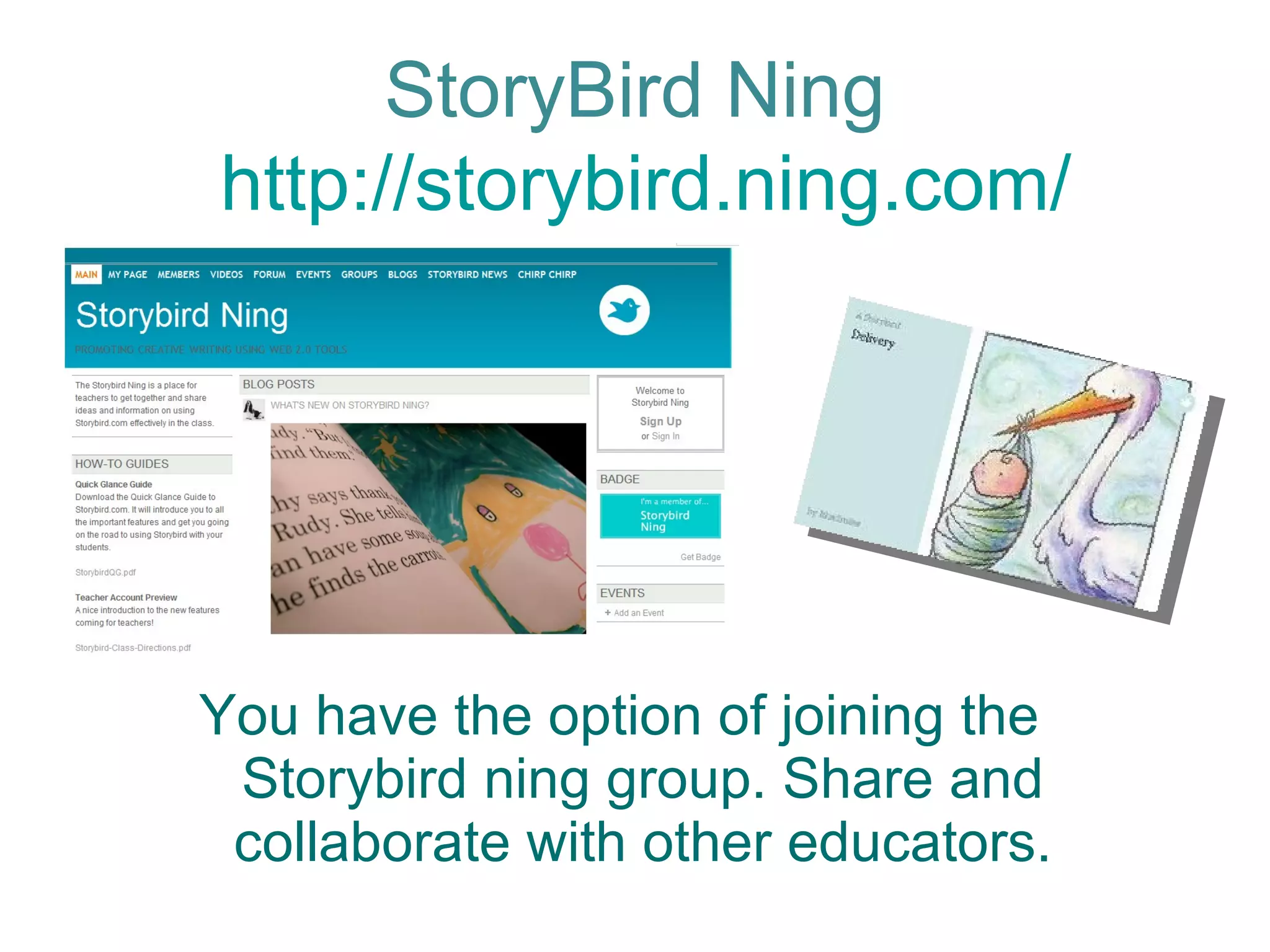 You have the option of joining the Storybird ning group. Share and collaborate with other educators. StoryBird Ning  http://storybird.ning.com/ 