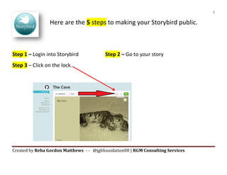 1
Created by Reba Gordon Matthews - - @jghfoundation08 | RGM Consulting Services
Here are the 5 steps to making your Storybird public.
Step 1 – Login into Storybird Step 2 – Go to your story
Step 3 – Click on the lock.
 