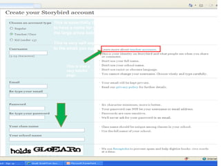 This is essentially the same as the regular account.  You will need to have a name for your class and enter your school as well.  (See the large arrow below.)  This is very self explanatory.  Again, you will be sent a confirmation to the email you supply. This is also a very helpful page. 