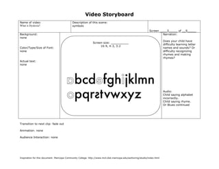 Video Storyboard
Name of video:                               Description of this scene:
What is Dyslexia?                            symbols
                                                                                                                   Screen ____3_____ of __9_____
Background:                                                                                                                 Narration:
none
                                                                                                                           Does your child have
                                                               Screen size: __________
                                                                                                                           difficulty learning letter
                                                                    16:9, 4:3, 3:2
Color/Type/Size of Font:                                                                                                   names and sounds? Or
none                                                                                                                       difficulty recognizing
                                                                                                                           rhymes and making
                                                                                                                           rhymes?
Actual text:
none




                                                                                                                           Audio:
                                                                                                                           Child saying alphabet
                                                                                                                           incorrectly.
                                                                                                                           Child saying rhyme.
                                                                                                                           Or Blues continued




Transition to next clip: fade out

Animation: none

Audience Interaction: none




Inspiration for this document: Maricopa Community College. http://www.mcli.dist.maricopa.edu/authoring/studio/index.html



                                               (Sketch screen here noting color, place, size of graphics if any)
 