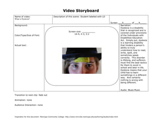 Video Storyboard
Name of video:                               Description of this scene: Student labeled with LD
What is Dyslexia?
                                                                                                                   Screen ___6______ of ___9_____
Background:                                                                                                                 Narration:
                                                                                                                            Dyslexia is a disability
                                                                                                                            that is recognized and is
                                                               Screen size: __________
                                                                                                                            covered under provisions
                                                                    16:9, 4:3, 3:2
Color/Type/Size of Font:                                                                                                    of the Individuals with
                                                                                                                            Disabilities Education
                                                                                                                            Act. Simply put, dyslexia
                                                                                                                            is a learning disability
Actual text:                                                                                                                that hinders a person’s
                                                                                                                            ability to truly
                                                                                                                            understand how to read,
                                                                                                                            write, spell, and
                                                                                                                            sometimes speak
                                                                                                                            correctly. This disorder
                                                                                                                            is lifelong, and sufferers
                                                                                                                            must find the best tactics
                                                                                                                            for them to excel in
                                                                                                                            school and later in life.
                                                                                                                            Dyslexia means that your
                                                                                                                            child has to learn
                                                                                                                            somethings in a different
                                                                                                                            way. And certainly
                                                                                                                            nothing is wrong with
                                                                                                                            being different.


                                                                                                                            Audio: Blues Music

Transition to next clip: fade out

Animation: none
                                               (Sketch screen here noting color, place, size of graphics if any)

Audience Interaction: none




Inspiration for this document: Maricopa Community College. http://www.mcli.dist.maricopa.edu/authoring/studio/index.html
 
