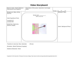 Video Storyboard
Name of video: Positive Behavior             Description of this scene: Outcomes 2 and target
Interventions and Supports                   photo
                                                                                                                   Screen 12___ of ____13
Background: Black, White,                                                                                                  Narration: None
Hot Pink
                                                               Screen size: __________
                                                                    16:9, 4:3, 3:2
Color/Type/Size of Font:

Lucinda S 43
Lucinda S 80

Actual text: Improving
behavior targets
                                                                                                                           Audio: Background Music




Transition to next clip: Slow, Automatic              (30 sec)

Animation: Wheel Clockwise (8 spokes)

Audience Interaction: None

                                               (Sketch screen here noting color, place, size of graphics if any)




Inspiration for this document: Maricopa Community College. http://www.mcli.dist.maricopa.edu/authoring/studio/index.html
 