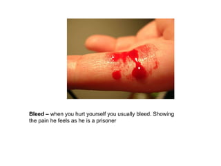 Bleed –  when you hurt yourself you usually bleed. Showing the pain he feels as he is a prisoner 