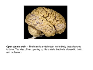Open up my brain –  The brain is a vital organ in the body that allows us to think. The idea of him opening up his brain is that he is allowed to think, and be human.  