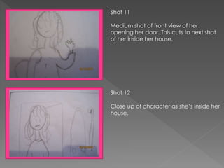 Shot 11
Medium shot of front view of her
opening her door. This cuts to next shot
of her inside her house.
Shot 12
Close up of character as she’s inside her
house.
 