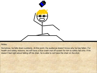 Notes: Somehow, he falls down suddenly. At this point, the audience doesn’t know why he has fallen. For health and safety reasons, we will have a blue crash mat off screen for him to safely fall onto. If he doesn’t feel right about falling off his chair, he is able to not have the chair on the shot. Poke Her Face Yellow  Version BOYGAME 