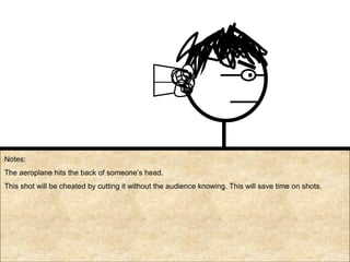 Notes: The aeroplane hits the back of someone’s head. This shot will be cheated by cutting it without the audience knowing. This will save time on shots. 