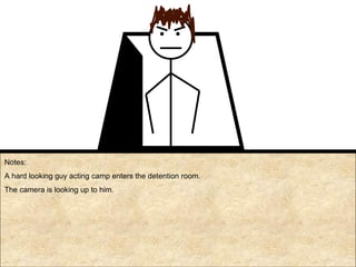Notes: A hard looking guy acting camp enters the detention room. The camera is looking up to him. 
