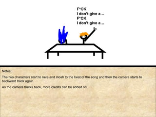Notes: The two characters start to rave and mosh to the beat of the song and then the camera starts to backward track again. As the camera tracks back, more credits can be added on. F*CK I don’t give a… F*CK I don’t give a… 