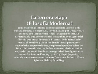 La tercera etapa (Filosofía Moderna) comienza con el intento de superación de la crisis de la cultura europea del siglo XVI, llevada a cabo por Descartes , y culmina con la muerte de Hegel , acaecida en 1831. La caracteriza la duda como actitud desconfiada y exigente del filósofo que busca la certeza. El centro de la atención lo ocupa el hombre, y todos los demás temas pasan a ser secundarios respecto de éste, ya que nada puede decirse de Dios o del mundo si no se define antes con claridad qué es capaz de conocer el hombre con seguridad. Sus figuras más destacadas fueron: Kant (1724-1804) y Hegel (1770-1831). Además merecen ser mencionados Descartes  Leibniz  Hume  Spinoza  Fichte y Schelling.