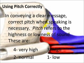 In conveying a clear message, correct pitch when speaking is necessary.  Pitch  refers to the highness or lowness of sound. These are: 4- very high 3- high 2- normal 1- low Using Pitch Correctly 