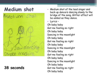 Medium shot   • Medium shot of the lead singer and
                back up dancers dancing slowly to the
                bridge of the song. Glitter effect will
                be added as they dance.
              • Lyrics –
              Oh baby baby
              Got me feeling so right
              Oh baby baby
              Dancing in the moonlight
              Oh baby baby
              Got me feeling so right
              Oh baby baby
              Dancing in the moonlight
              Oh baby baby
              Got me feeling so right
              Oh baby baby
              Dancing in the moonlight
              Oh baby baby
38 seconds    Got me feeling so right
              Oh baby baby
 