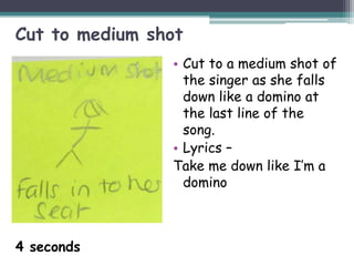 Cut to medium shot
                • Cut to a medium shot of
                  the singer as she falls
                  down like a domino at
                  the last line of the
                  song.
                • Lyrics –
                Take me down like I’m a
                  domino



4 seconds
 