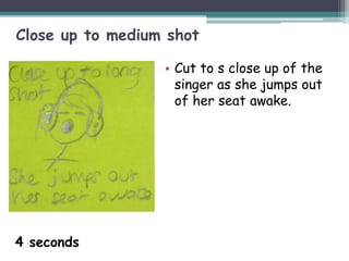 Close up to medium shot

                  • Cut to s close up of the
                    singer as she jumps out
                    of her seat awake.




4 seconds
 