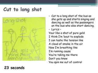 Cut to long shot
                   • Cut to a long shot of the bus as
                     she gets up and starts singing and
                     dancing as well as the passengers
                     on the bus who also start dancing.
                   • Lyrics –
                   Your like a shot of pure gold
                   I think I’m ‘bout to explode
                   I can taste the tension like
                   A cloud of smoke in the air
                   Now I’m breathing like
                   I’m running cause
                   You’re taking me there
                   Don’t you know
                   You spin me out of control

23 seconds
 