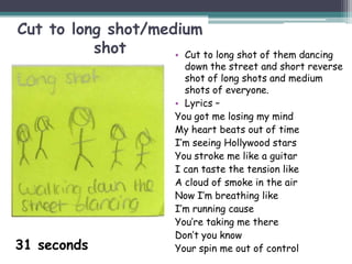 Cut to long shot/medium
          shot      • Cut to long shot of them dancing
                            down the street and short reverse
                            shot of long shots and medium
                            shots of everyone.
                          • Lyrics –
                          You got me losing my mind
                          My heart beats out of time
                          I’m seeing Hollywood stars
                          You stroke me like a guitar
                          I can taste the tension like
                          A cloud of smoke in the air
                          Now I’m breathing like
                          I’m running cause
                          You’re taking me there
                          Don’t you know
31 seconds                Your spin me out of control
 