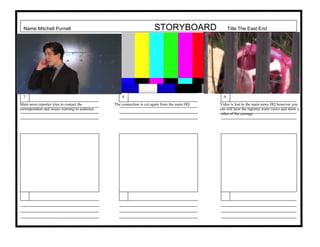 Name:Mitchell Purnell STORYBOARD Title:The East End
7 8 9
The connection is cut again from the main HQMain news reporter tries to contact the
correspondent and issues warning to audience
Video is lost to the main news HQ however you
can still hear the reporter warn views and show a
video of the carnage.
 