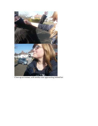 Close-up on woman, with another man approaching behind her.
 