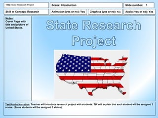Title: State Research Project           Scene: Introduction                                             Slide number:     1

Skill or Concept: Research              Animation (yes or no): Yes       Graphics (yes or no): Yes      Audio (yes or no): Yes

Notes:
Cover Page with
title and picture of
United States.




Text/Audio Narration: Teacher will introduce research project with students. TW will explain that each student will be assigned 2
states. (Some students will be assigned 3 states)
 