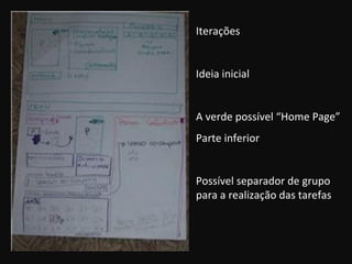 Iterações Ideia inicial A verde possível “Home Page” Parte inferior Possível separador de grupo para a realização das tarefas 