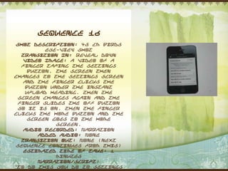 Sequence 16
 Shot Description: 45 cm Birds
          eye-view shot
   Transition In: Reveal down
    Video Image: A video of a
   finger taping the settings
     button. The screen then
changes to the settings screen
    and the finger clicks the
    button under the instant
    upload heading. Then the
  screen changes again and the
  finger slides the off button
  so it is on. Then the finger
clicks the home button and the
     screen goes to the home
             screen.
    Audio Recorded: Narration
        Added Audio: None
   Transition Out: None (next
 sequence continues from this)
    Estimated Time of Take: 1
             minutes
        Narration/Script:
“To do this you do to settings
 