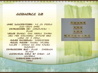 Sequence 20


Shot Description: 45 cm Birds
         eye-view shot
  Transition In: Cinematic -
              blur
 Video Image: The words „Thank
 you for watching‟ appear one
        line at a time.
   Audio Recorded: Narration
   Added Audio: Music (Blind
  Melon - Three Is The Magic
            Number)
Transition Out: Blur – through
             black
  Estimated Time of Take: 10
            seconds
       Narration/Script:
              None
 