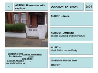 ACTION: House shot with
  1      captions
                                   LOCATION: EXTERIOR               0:03

                                   AUDIO 1 – None




                                   AUDIO 2 – AMBIENT –
                                   people laughing and having fun



                                   MUSIC –
                                   Meek Mill – House Party
 CAMERA SHOTS   CAMERA MOVEMENT
  Est. Wide shot     Zoom
                 DIRECTION
 CAMERA ANGLES                     TRANSITION TO NEXT SHOT
Low angle looking up    ↑
                                   STRAIGHT
 