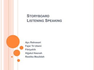 STORYBOARD
 LISTENING SPEAKING




Ayu Ratnasari
Fajar Tri Utami
Fitriyahih
Hijjatul Hasnah
Restika Maulidah
 