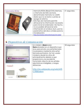 Memoria ROM          Memoria ROM (Read Only Memory,               21 segundos
                     o Memoria de Sólo Lectura),
                     denominada memoria no volátil,
                     dado que no se borra cuando se
                     apaga el sistema.
                     Este tipo de memoria permite
                     almacenar la información necesaria
                     para iniciar el ordenador. De hecho,
                     no es posible almacenar esta
                     información en el disco duro, por los
                     parámetros del disco (vitales para la
                     inicialización)
                     http://es.kioskea.net/contents/pc/rom.php3




 Dispositivos de Comunicación
Modem                Un módem (Modulador                          22 segundos
                     Demodulador) es un dispositivo que
                     sirve para enviar una señal llamada
                     moduladora mediante otra señal
                     llamada portadora. Se han usado
                     módems desde los años 60,
                     principalmente debido a que
                     proporciona una excelente
                     transmisión directa de las señales
                     electrónicas inteligibles, a largas
                     distancias

                     http://es.wikipedia.org/wiki/M%
                     C3%B3dem
 