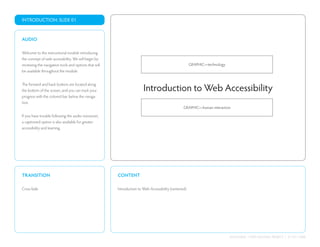 INTRODUCTION: SLIDE 01


AUDIO

Welcome to this instructional module introducing
the concept of web accessibility. We will begin by
reviewing the navigation tools and options that will                                                  GRAPHIC—technology
be available throughout the module.



                                                                       Introduction to Web Accessibility
The forward and back buttons are located along
the bottom of the screen, and you can track your
progress with the colored bar below the naviga-
tion.
                                                                                                 GRAPHIC—human interaction

If you have trouble following the audio voiceover,
a captioned option is also available for greater
accessibility and learning.




TRANSITION                                             CONTENT

Cross fade                                             Introduction to Web Accessibility (centered)




                                                                                                                           COLIN GRAY | EDET 603 FINAL PROJECT | 27 OCT 2008
 