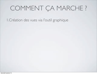 COMMENT ÇA MARCHE ?
          1.Création des vues via l’outil graphique




mercredi 9 janvier 13
 