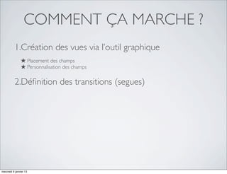COMMENT ÇA MARCHE ?
          1.Création des vues via l’outil graphique
               ★ Placement des champs
               ★ Personnalisation des champs

          2.Déﬁnition des transitions (segues)




mercredi 9 janvier 13
 