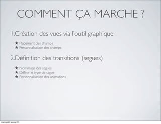 COMMENT ÇA MARCHE ?
          1.Création des vues via l’outil graphique
               ★ Placement des champs
               ★ Personnalisation des champs

          2.Déﬁnition des transitions (segues)
               ★ Nommage des segues
               ★ Déﬁnir le type de segue
               ★ Personnalisation des animations




mercredi 9 janvier 13
 