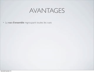AVANTAGES
    •   La vue d’ensemble regroupant toutes les vues




mercredi 9 janvier 13
 