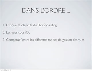 DANS L’ORDRE ...

    1. Histoire et objectifs du Storyboarding

    2. Les vues sous iOs

    3. Comparatif entre les différents modes de gestion des vues




mercredi 9 janvier 13
 
