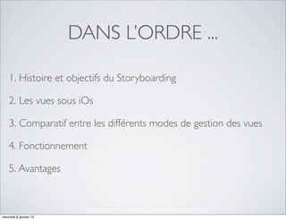 DANS L’ORDRE ...

    1. Histoire et objectifs du Storyboarding

    2. Les vues sous iOs

    3. Comparatif entre les différents modes de gestion des vues

    4. Fonctionnement

    5. Avantages



mercredi 9 janvier 13
 