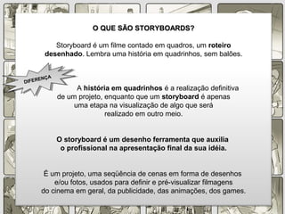 O QUE SÃO STORYBOARDS?O QUE SÃO STORYBOARDS?
Storyboard é um filme contado em quadros, um roteiro
desenhado. Lembra uma história em quadrinhos, sem balões.
A história em quadrinhos é a realização definitiva
de um projeto, enquanto que um storyboard é apenas
uma etapa na visualização de algo que será
realizado em outro meio.
O storyboard é um desenho ferramenta que auxilia
o profissional na apresentação final da sua idéia.
É um projeto, uma seqüência de cenas em forma de desenhos
e/ou fotos, usados para definir e pré-visualizar filmagens
do cinema em geral, da publicidade, das animações, dos games.
DIFERENÇA
DIFERENÇA
 