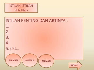 ISTILAH-ISTILAH
PENTING
ISTILAH PENTING DAN ARTINYA :
1.
2.
3.
4.
5. dst….
ANIMASI ANIMASI ANIMASI
HOME
 