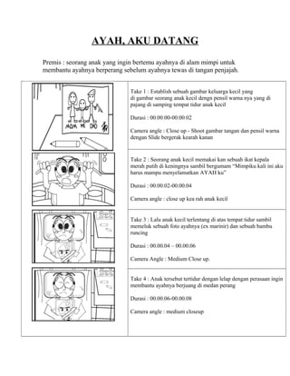 AYAH, AKU DATANG
Premis : seorang anak yang ingin bertemu ayahnya di alam mimpi untuk
membantu ayahnya berperang sebelum ayahnya tewas di tangan penjajah.
Take 1 : Establish sebuah gambar keluarga kecil yang
di gambar seorang anak kecil dengn pensil warna nya yang di
pajang di samping tempat tidur anak kecil
Durasi : 00.00.00-00.00.02
Camera angle : Close up - Shoot gambar tangan dan pensil warna
dengan ݺߣ bergerak kearah kanan

Take 2 : Seorang anak kecil memakai kan sebuah ikat kepala
merah putih di keningnya sambil bergumam “Mimpiku kali ini aku
harus mampu menyelamatkan AYAH ku”
Durasi : 00.00.02-00.00.04
Camera angle : close up kea rah anak kecil

Take 3 : Lalu anak kecil terlentang di atas tempat tidur sambil
memeluk sebuah foto ayahnya (ex marinir) dan sebuah bambu
runcing
Durasi : 00.00.04 – 00.00.06
Camera Angle : Medium Close up.
Take 4 : Anak tersebut tertidur dengan lelap dengan perasaan ingin
membantu ayahnya berjuang di medan perang
Durasi : 00.00.06-00.00.08
Camera angle : medium closeup

 