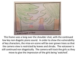 This frame uses a long over the shoulder shot, with the continued
low key non diagetic piano sound. In order to show the vulnerability
of key characters, the mise-en-scene will be over grown trees so that
the camera view is restricted by leaves and shrubs. The voiceover is
still continued non diagetically. The camera will track the girls as they
move to give the impression of the girls being ‘watched’.

 