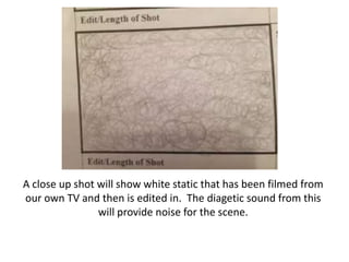 A close up shot will show white static that has been filmed from
our own TV and then is edited in. The diagetic sound from this
will provide noise for the scene.

 