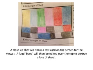 A close up shot will show a test card on the screen for the
viewer. A loud ‘beep’ will then be edited over the top to portray
a loss of signal.

 