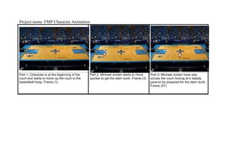 Project name: FMP Character Animation
Part 1: Character is at the beginning of the
court and starts to move up the court to the
basketball hoop. Frame (1)
Part 2: Michael Jordan starts to move
quicker to get the slam dunk. Frame (3)
Part 3: Michael Jordan have way
across the court moving at a steady
pace to be prepared for the slam dunk.
Frame (57)
 