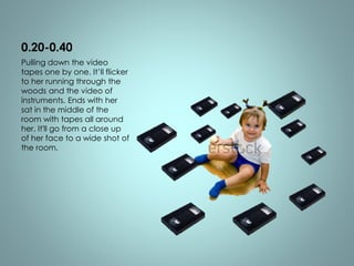 0.20-0.40 
Pulling down the video 
tapes one by one. It’ll flicker 
to her running through the 
woods and the video of 
instruments. Ends with her 
sat in the middle of the 
room with tapes all around 
her. It'll go from a close up 
of her face to a wide shot of 
the room. 
 