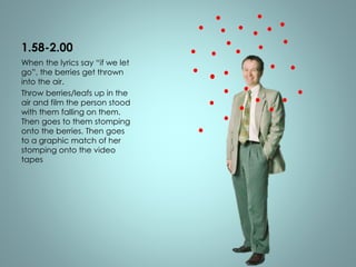 1.58-2.00 
When the lyrics say “if we let 
go”, the berries get thrown 
into the air. 
Throw berries/leafs up in the 
air and film the person stood 
with them falling on them. 
Then goes to them stomping 
onto the berries. Then goes 
to a graphic match of her 
stomping onto the video 
tapes 
 