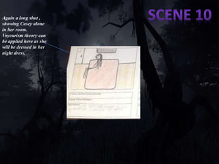 Again a long shot , 
showing Casey alone 
in her room. 
Voyeurism theory can 
be applied here as she 
will be dressed in her 
night dress. 
 