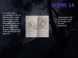 Cross of the same 
surrounding but with two 
different camera angles 
are used. One is a mid 
shot of a phone on the 
table and second a close 
up of the phone which 
has a message ‘RUN’. 
Having a close emphasis 
on the object to show its 
important. 
Again suspense will 
be built here to why 
the message ‘run’ 
has been 
emphasised . 
 