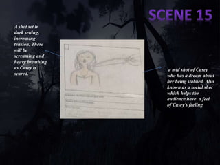 a mid shot of Casey 
who has a dream about 
her being stabbed. Also 
known as a social shot 
which helps the 
audience have a feel 
of Casey’s feeling. 
A shot set in 
dark setting, 
increasing 
tension. There 
will be 
screaming and 
heavy breathing 
as Casey is 
scared. 
 