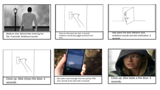 Medium shot. Behind Alex entering her
flat. 4 seconds. Ambience sounds .
Close up. Alex opens her door. 3 seconds.
Ambience sounds/ keys giggle and phone text
tone.
Alex opens the door. Medium shot,
ambience sounds and text notification. 4
seconds.
Close up. Alex closes the door. 3
seconds.
She reads a text message from her partner. POV
shot. Sounds of her door bell. 6 seconds.
Close up. Alex looks a the door. 2
seconds.
 